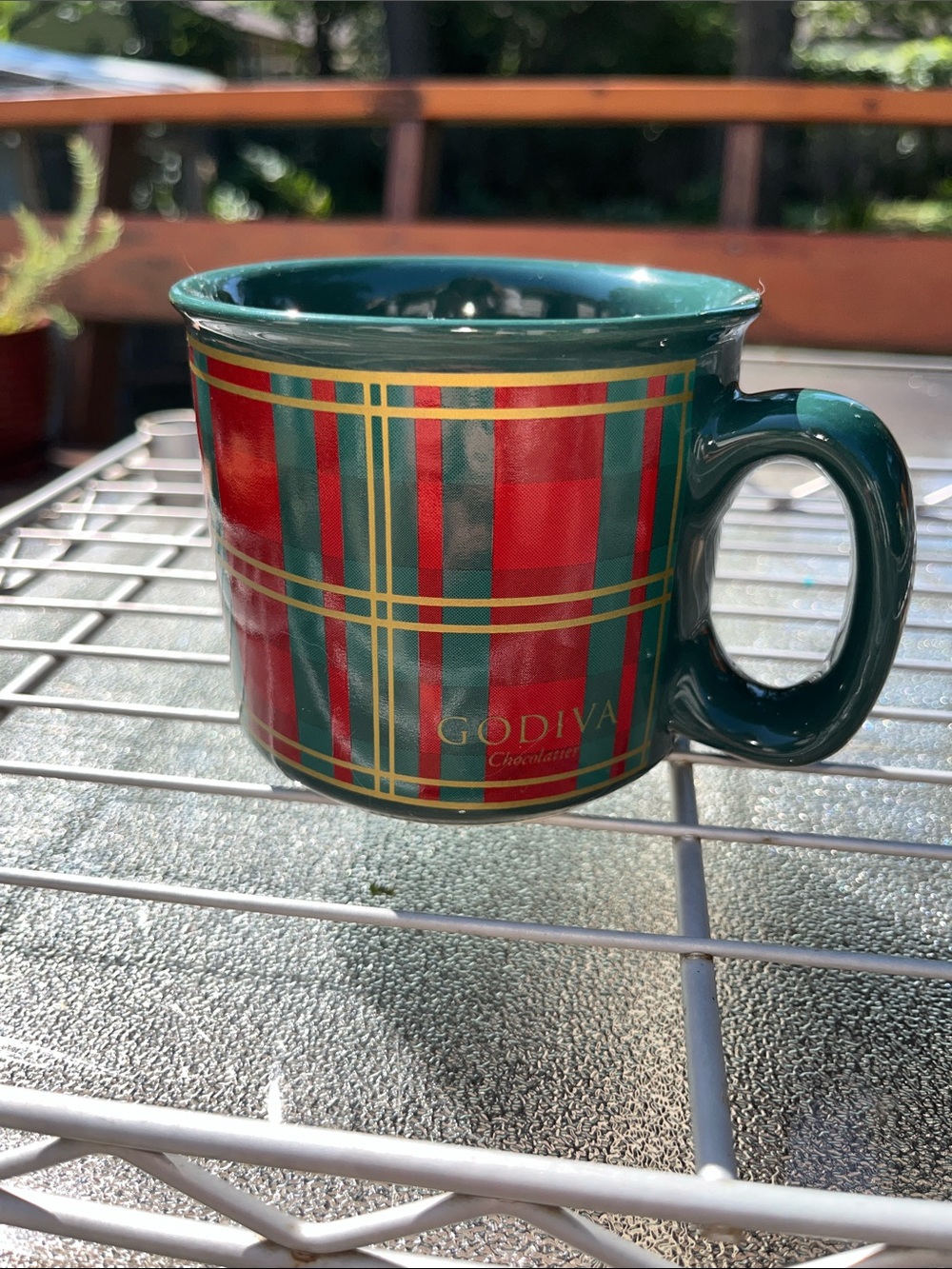Godiva Chocolatiers Red and Green Plaid Ceramic Mug with Gold Trim